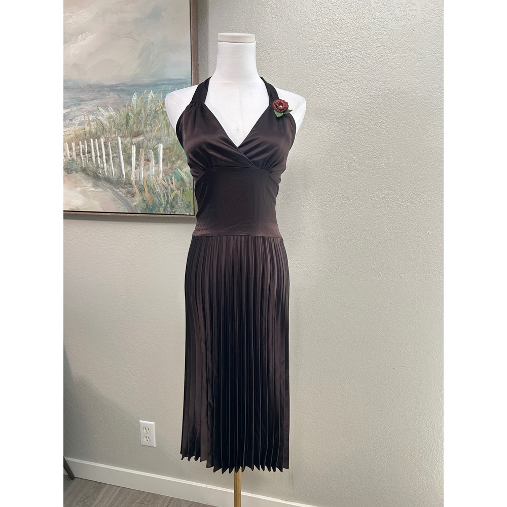 Y2K Chocolate Brown Halter Pleated Midi
